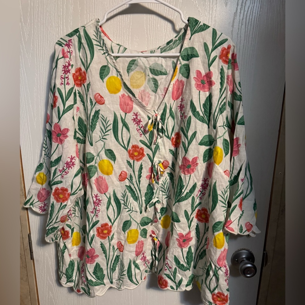 Floral V-Neck Blouse - White with Pink & Yellow Floral Print Linen Blend